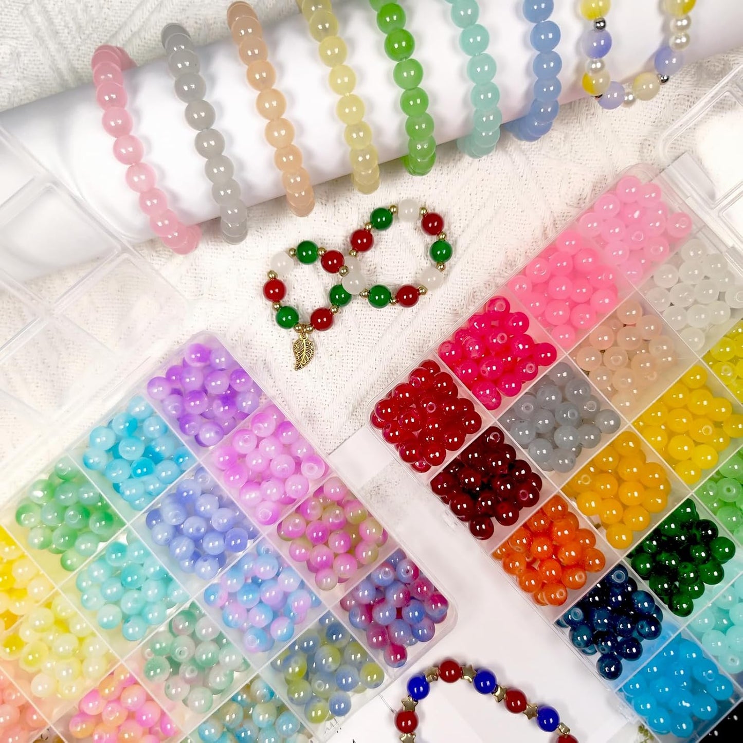 Dayify 1500 Pcs 8mm Glass Beads Bracelet Making Kit, 48 Colors Crystal Beads for Jewelry Making, Round Glass Beads with Charms for Bracelets and DIY Crafts (24 Solid Colors and 24 Mermaid Colors)