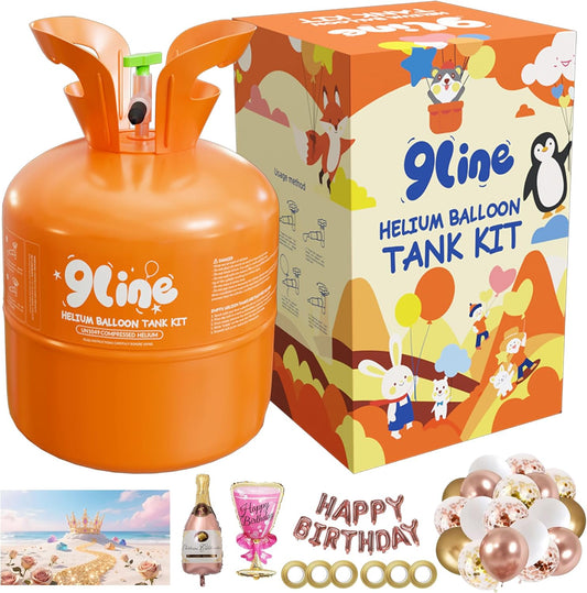 Helium Tank For Balloons At Home，Disposable Helium Tank 13L，50 12-Inch Rose&Gold Latex Balloons, 15 Foil Balloons, 1 5.9X3.6Ft Backdrop, 8 Accessory Tools