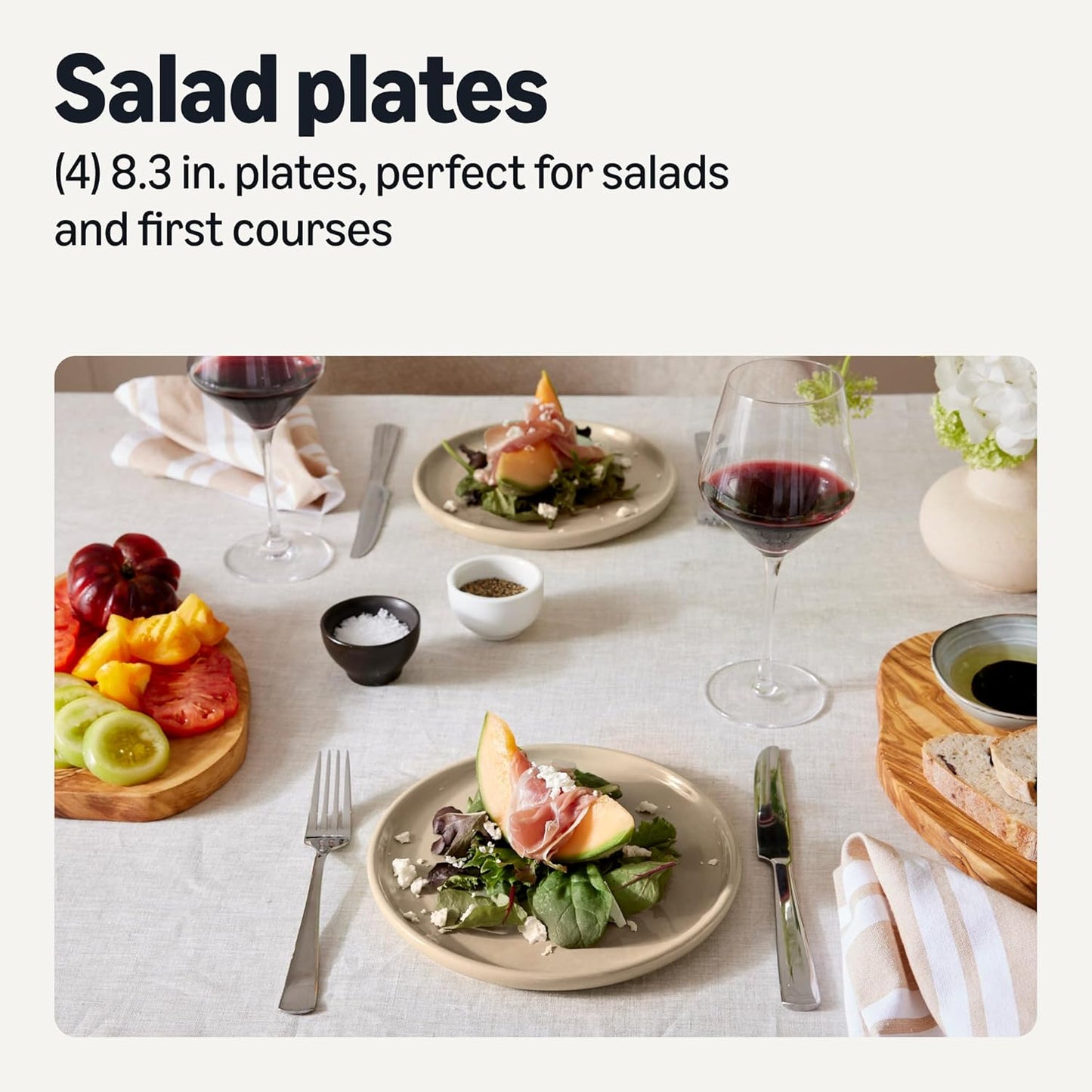 Amazon Basics Glazed Stoneware Salad Plates, 4-Piece Set, Microwave and Dishwasher-Safe, 8.3 in., Linen Gray