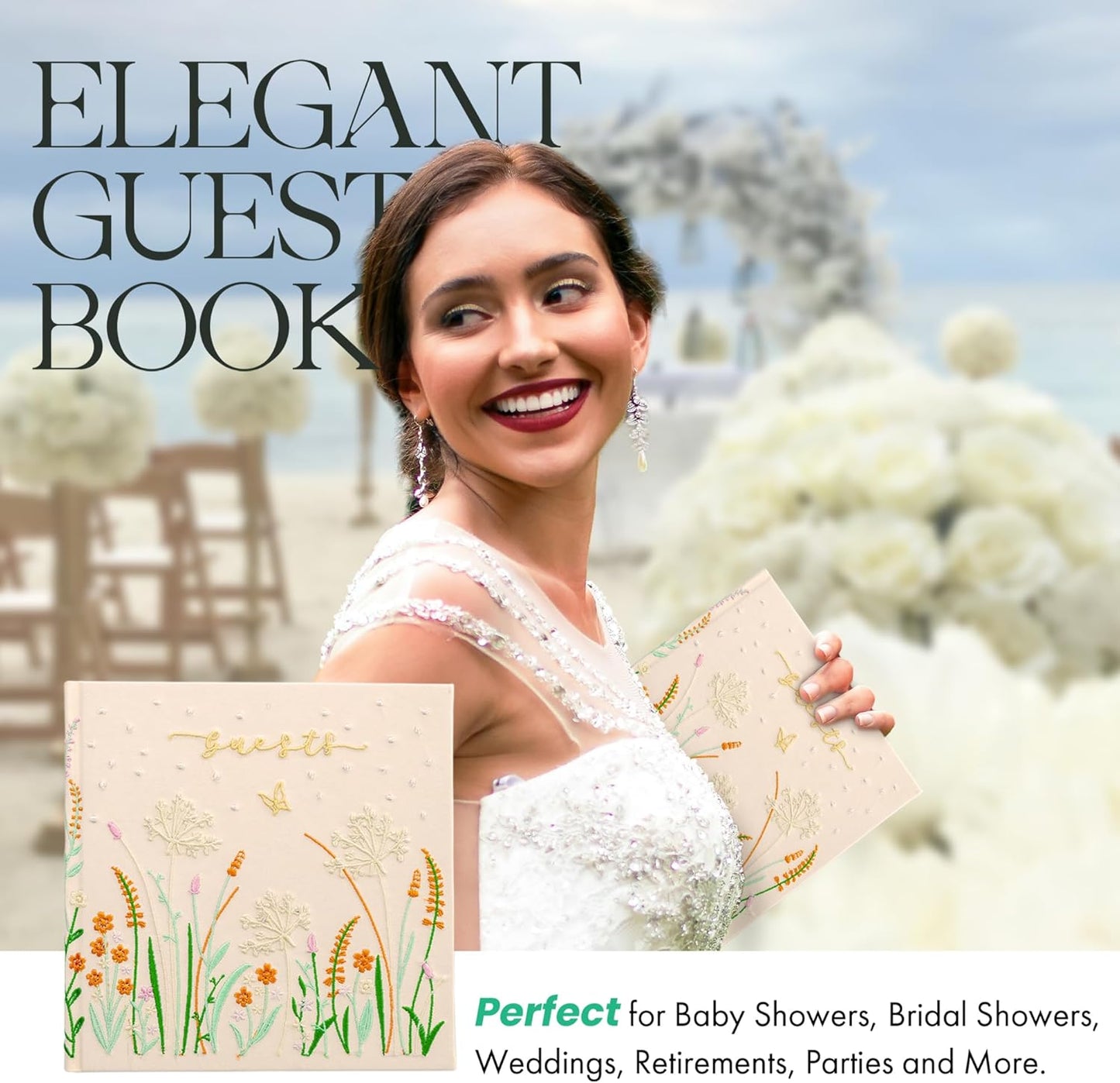Embroidered Wedding Guest Book—The Perfect Polaroid Guest Book for Wedding Receptions, Birthdays, Baby Showers, and Special Events with 3 Photo corner stickers+ 3 DIY pens+1 Diamond Pen (Yellow)