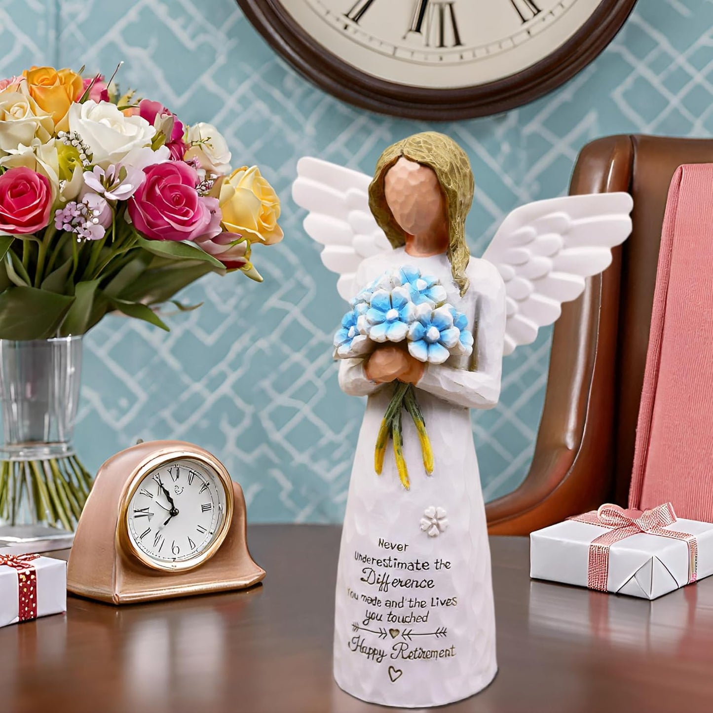AUKEST Retirement Gifts for Women - Retirement Gift for Woman, Retirement Party Decorations, Retired Gifts for Women Coworkers Friends - 5.1” Angel Figurine (Blue)