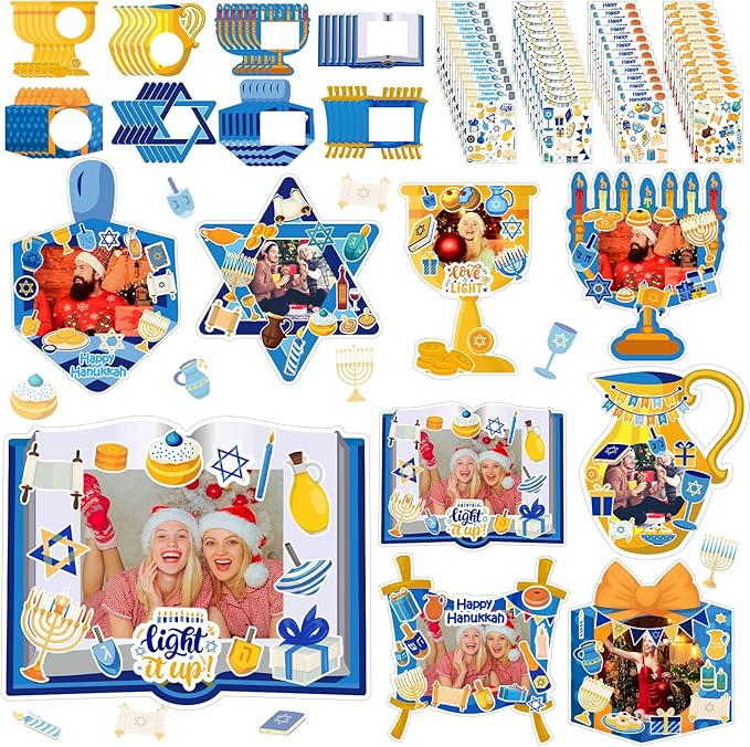 Jetec 48 Sets Hanukkah Picture Frames Craft Kit DIY Photo Frames Sticker Craft Make Your Own Paper Picture Frame for Home Activities Party Favors Decorations(Blue)