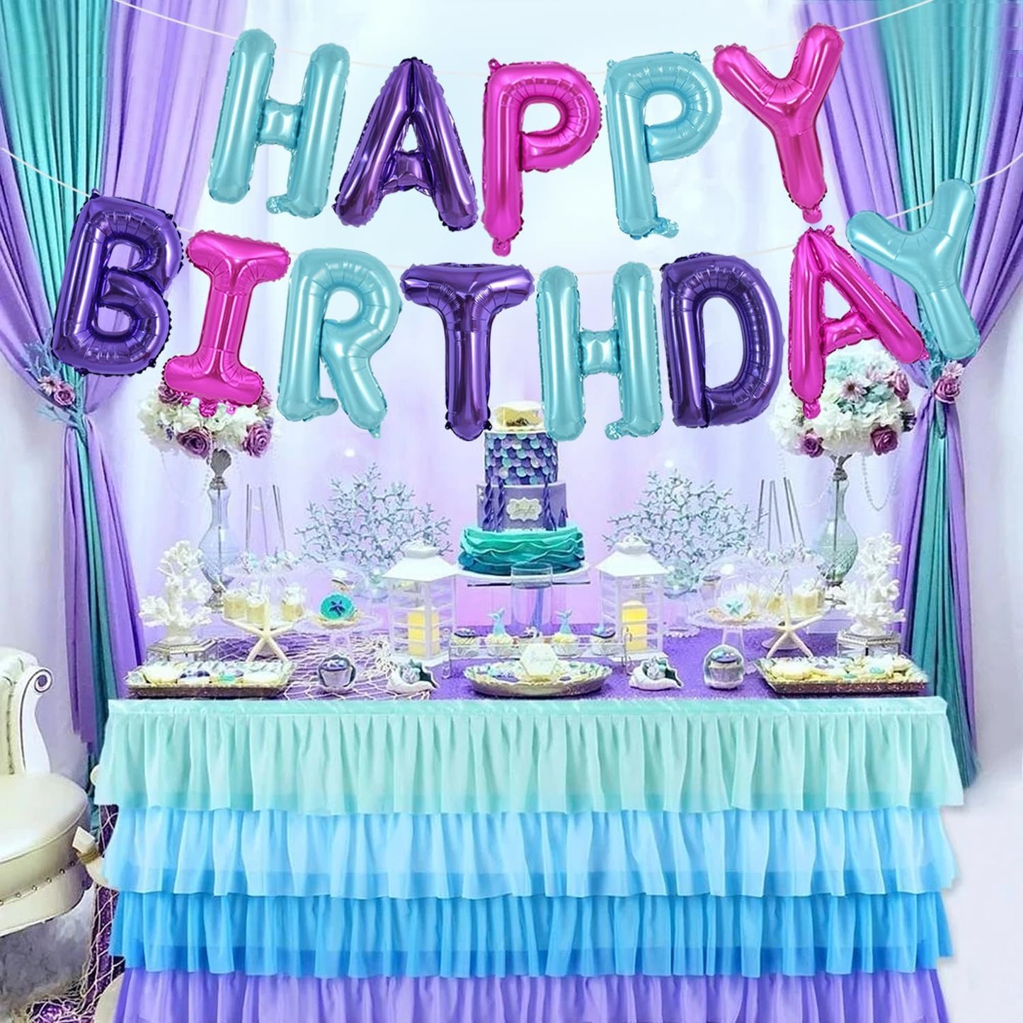 TONIFUL Happy Birthday Balloons Banner with Ribbon Straw,16 Inch Mylar Letters Birthday Sign Banner Balloon Bunting Reusable for Girls Kids & Adults Birthday Halloween Supplies（Blue Purple Pink）