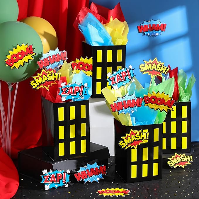 8 Sets Hero Theme Party Decoration Hero Boxes Centerpiece (7.9 x 5.1 x 5.1 Inch) Sticks with Tissue Paper Standing Cards Birthday Baby Shower Party Supplies (Yellow)
