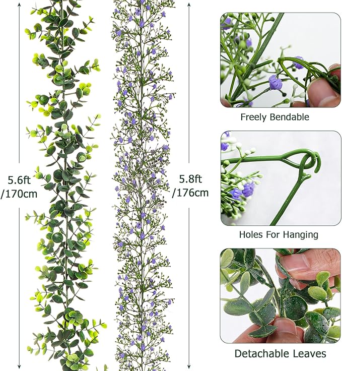 4PCS Faux Eucalyptus Garland Plant, Artificial Baby Breath Flower Vines Hanging Leaves Vines Hanging Leaves Greenery Wedding Backdrop Arch Wall Decor, Indoor Outdoor 5.8 Ft（Purple & Green）