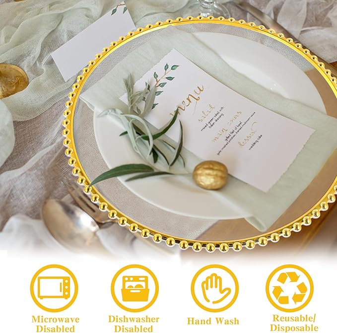Hoolerry 6 Pack Clear Charger Plates Bulk 13 Inch Plastic Round Beaded Dinner Chargers Acrylic Frosted Grain Decorative Service Plates for Wedding Party Event, Home and Kitchen Tabletop (Gold)