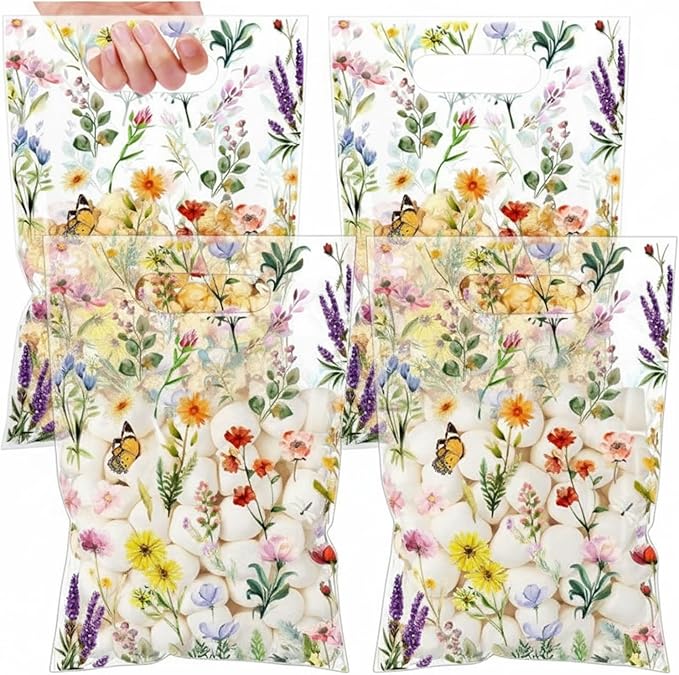Bulyoou 100 Pcs Wildflower Gift Bags Vintage Wildflower Party Favor Bag with Handle Plastic Goodie Candy Treat Gift Wrapping for Wedding Baby Shower Birthday Party Favors Supplies(Vintage)