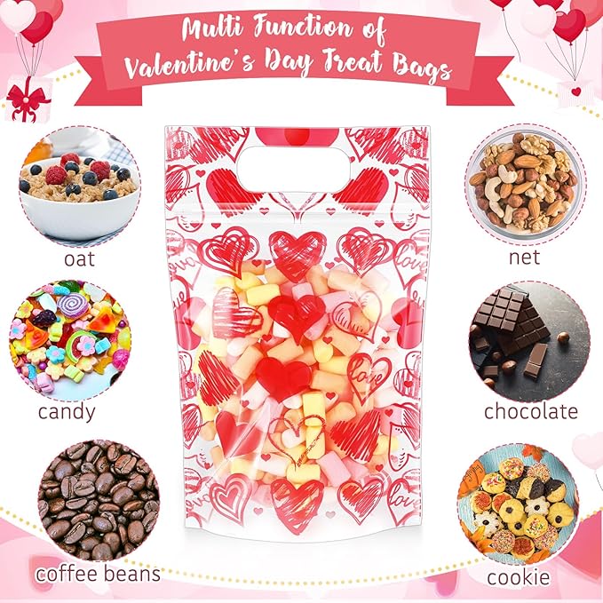 Blosssound 50 Pcs Valentine's Day Gift Bags Valentines Standing Plastic Reusable Red Heart Bag with Handles Galentines Day Wrapping Pouch for Classroom Wedding Birthday Party Favor (Mixed Valentines)