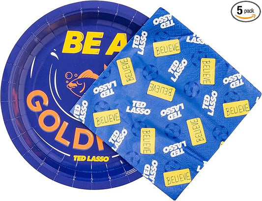 Silver Buffalo Ted Lasso Be a Goldfish Believe 32 Pack Partyware Disposable Paper Plates and Napkins