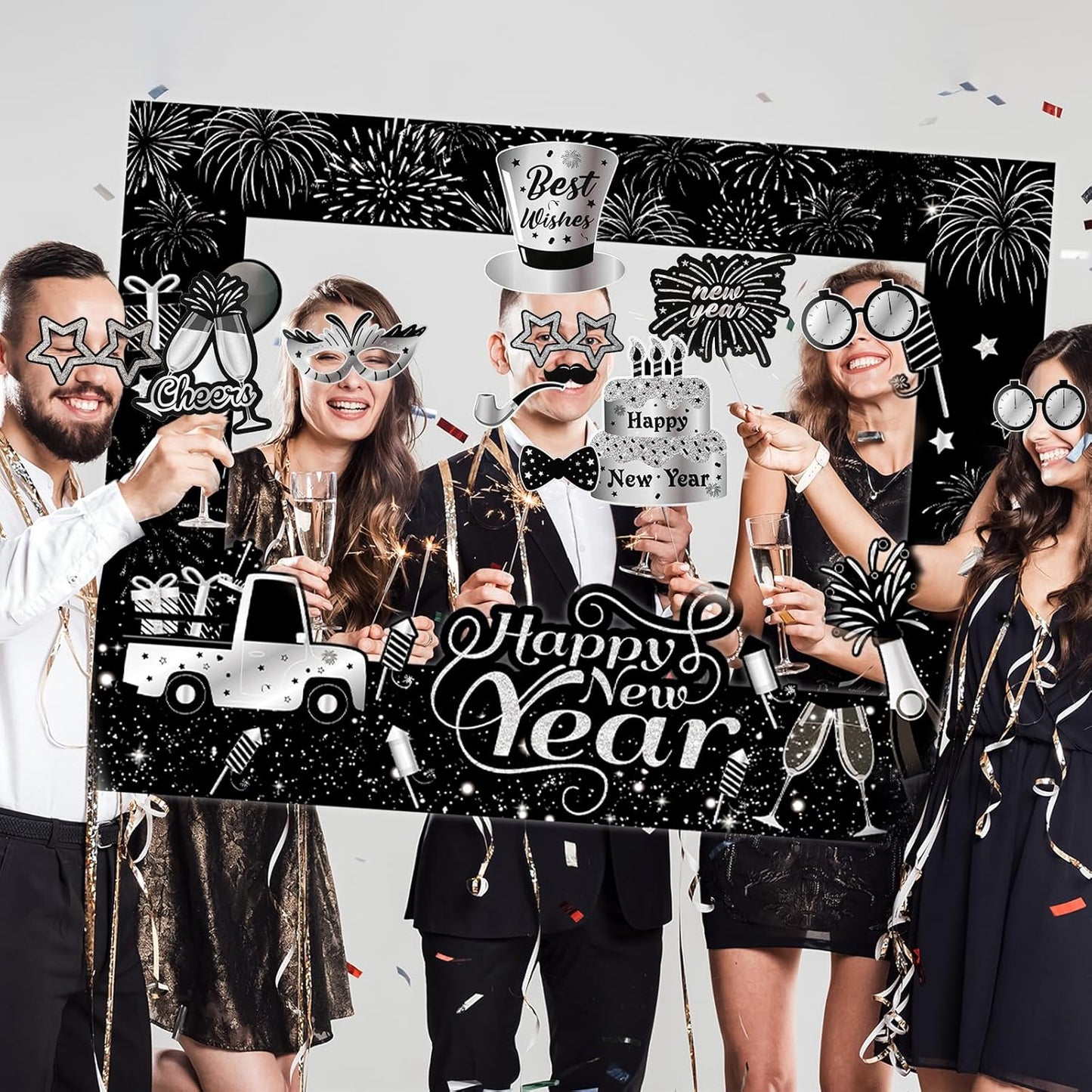 HOWAF 30pcs Happy New Year Photo Booth Props with Photo Frame, 2026 Black Silver New Year Decoration Photo Props,New Years Props for NYE Party, 2026 NYE Cheers to The New Year Selfie Props
