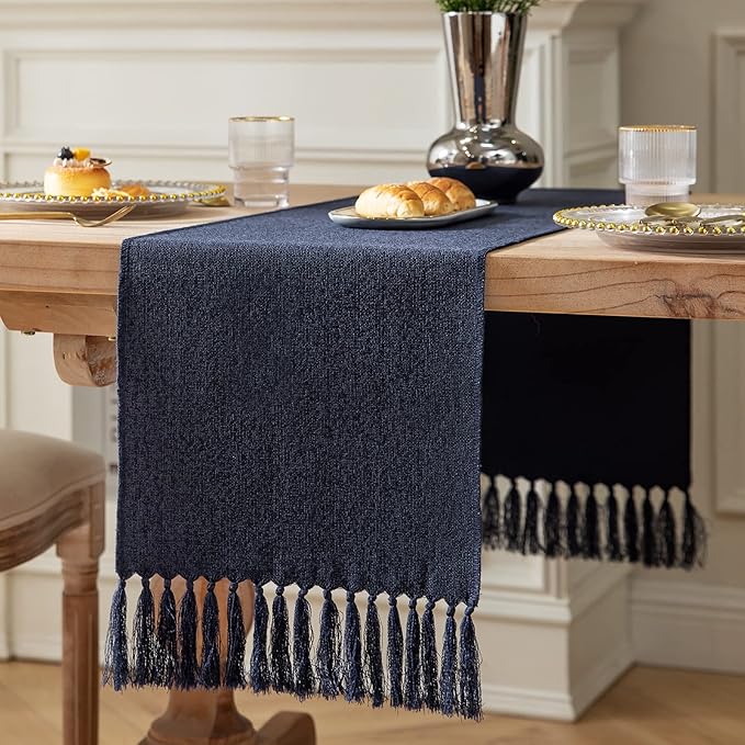 ZeeMart Navy Table Runners 72 Inches Long, Burlap Linen Style Rustic Farmhouse Table Runner, Boho Woven Dining Table Runner, 13x72 Inches, Navy