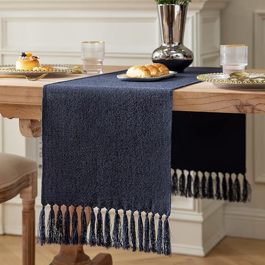 ZeeMart Navy Table Runners 48 Inches Long, Burlap Linen Style Rustic Farmhouse Table Runner, Small Short Boho Coffee Table Runner, 13x48 Inches, Navy