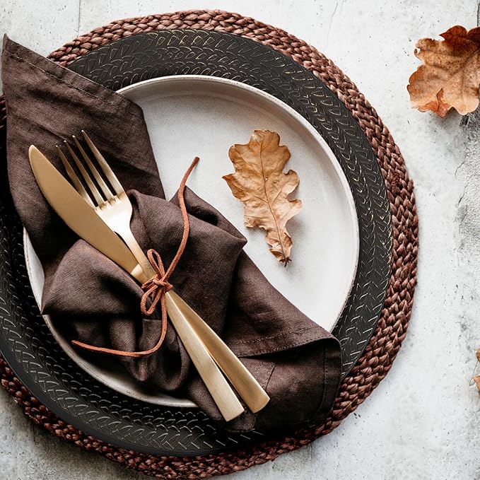13" Antique Black Leaf Trim Round Charger Plates for Dinner, Table Chargers Plates Bulk, 6Pcs