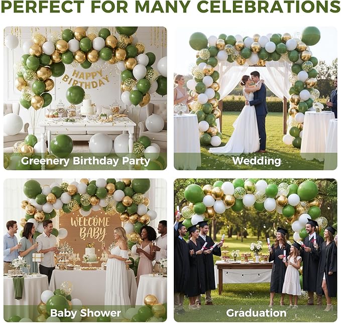 LovesTown Sage Green Balloon Garland Kit, 150PCS Arch Kit Different Sizes Latex Balloons Gold Olive Green Confetti Metallic Balloons for Jungle Woodland Theme Party Decorations