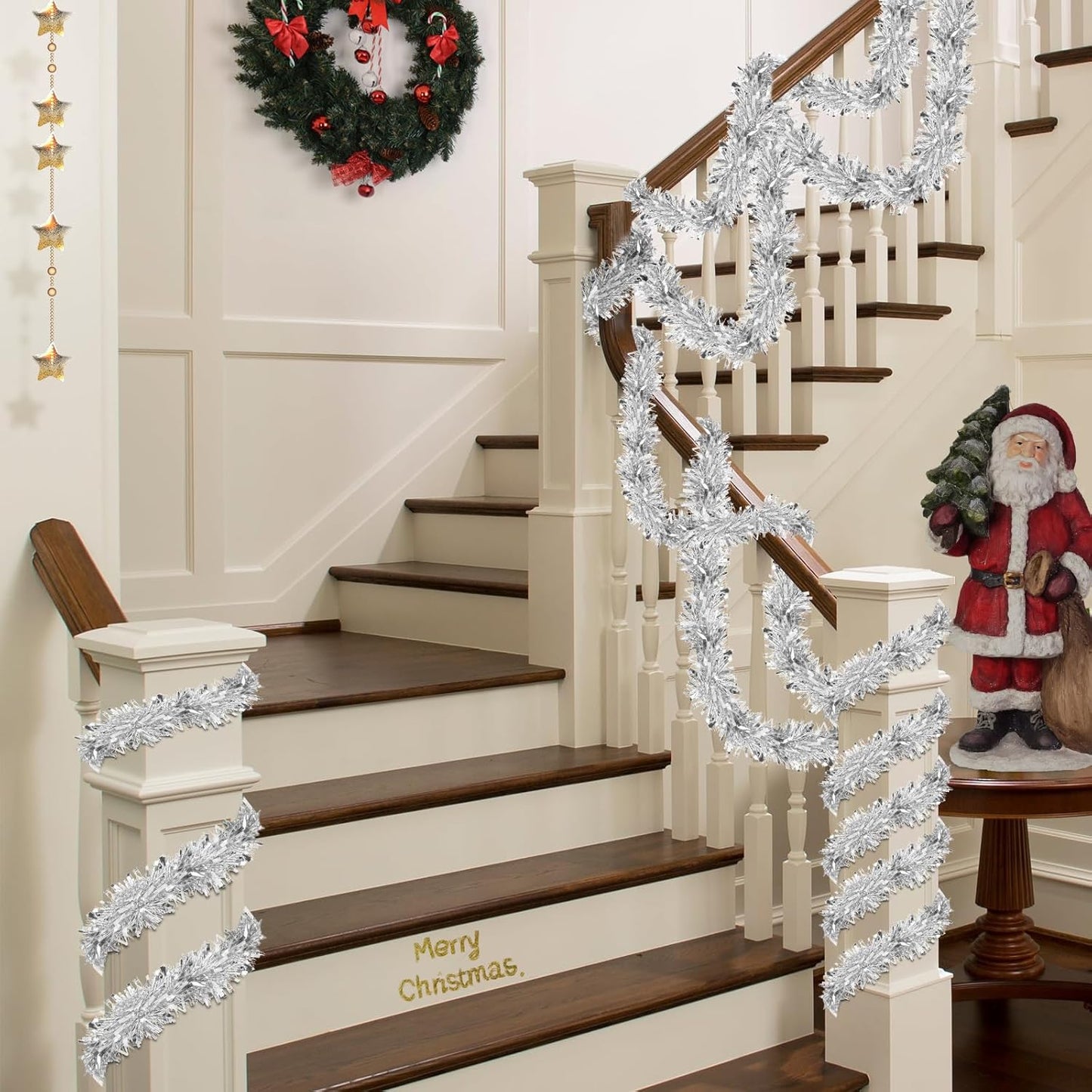 50FT Silver Christmas Tinsel Garland - Metallic Tinsel Garland for Christmas Tree Decoration, Xmas Tree Decor Home Indoor Outdoor Party Supplies