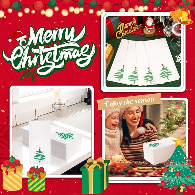 Supernal 100pcs Christmas Disposable Paper Napkins, Red Green Christmas Tree Napkins, Linen Like Papers Hand Towels, Christmas Guest Napkins for Kitchen Bathroom Christmas Parties Dinners and Events