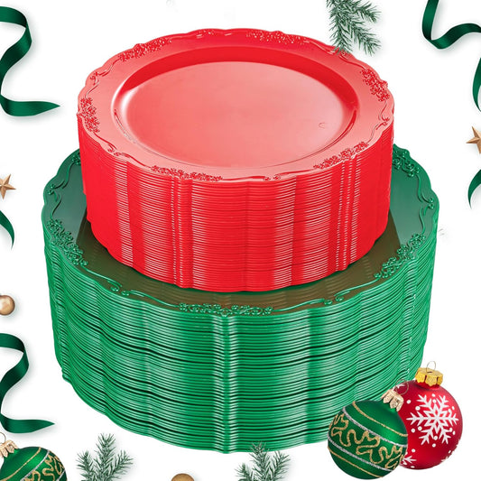 U-QE 100Pcs Christmas Plastic Plates - Green and Red Plates Disposable for Party, Plastic Christmas Plates Disposable Include 50 Red Dessert Plates, 50 Green Dinner Plates Suite for Christmas