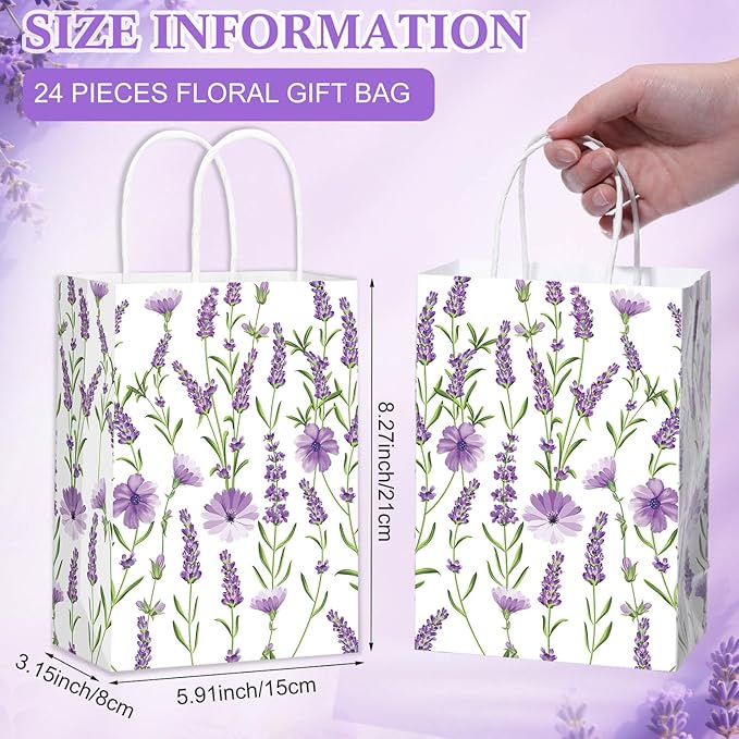 Marspark 24 Pcs Lavender Paper Gift Bags for Birthday Wedding Baby Shower Party Supplies Purple Treat Bag with Handles Candy Goodie Bags for Guests Mothers' Day, Valentine's Day, 8.3'' x 5.9'' x 3.1''