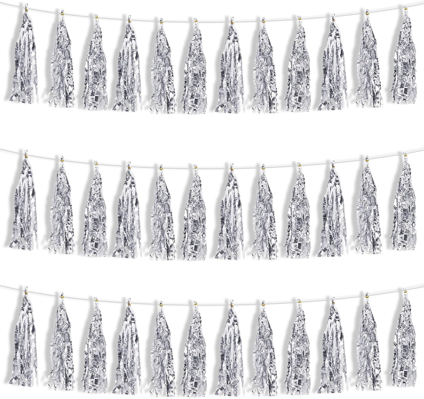BEISHIDA 3 Packs Silver Metallic Foil Fringe Tassel Garland, Tassels Banner Streamers for Car Floats Bridal/Baby Shower Birthday Wedding Halloween Christmas Holiday Party Decoration