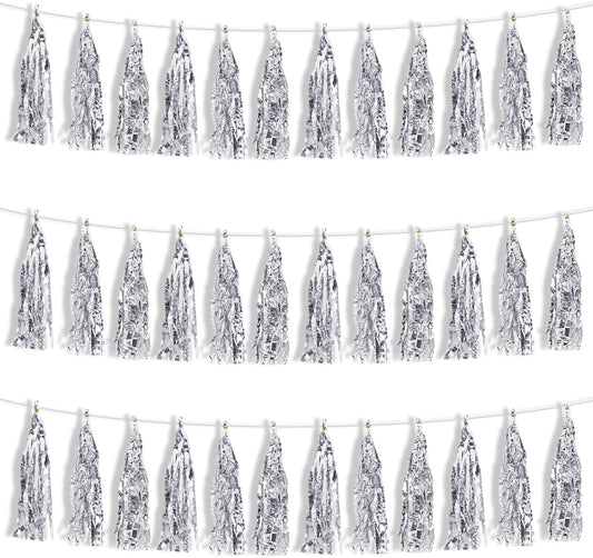 BEISHIDA 3 Packs Silver Metallic Foil Fringe Tassel Garland, Tassels Banner Streamers for Car Floats Bridal/Baby Shower Birthday Wedding Halloween Christmas Holiday Party Decoration