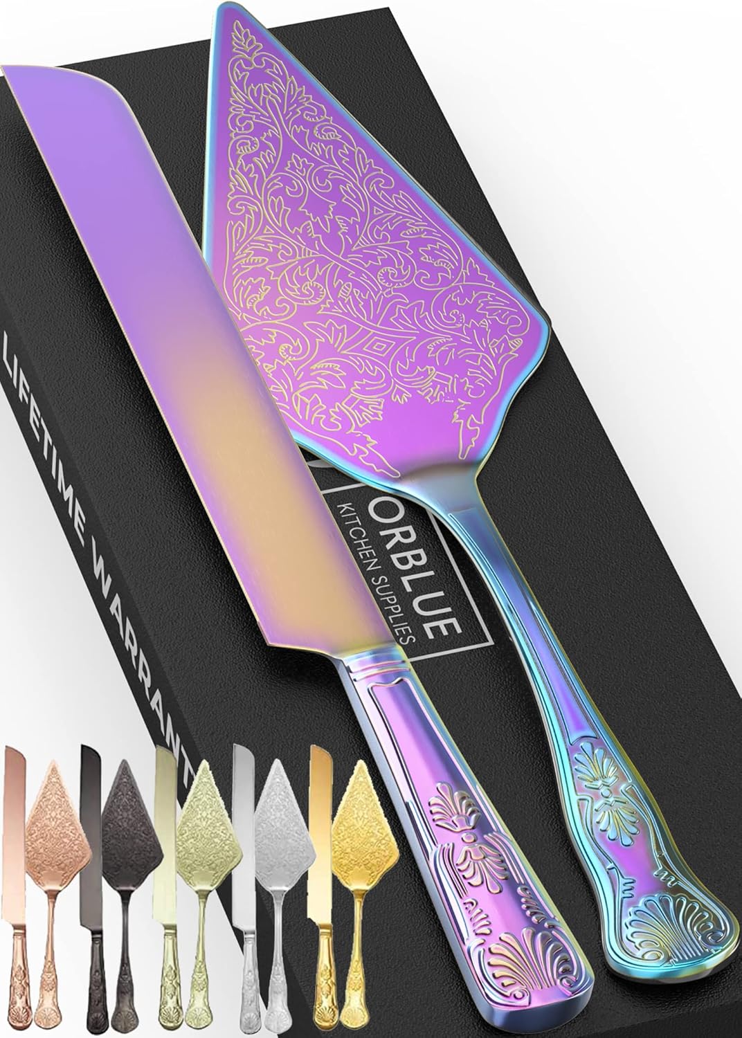 Orblue Wedding Cake Knife and Server Set - Premium, Beautifully Engraved Cutting Set - Elegant Keepsake for Newlyweds Multicolored