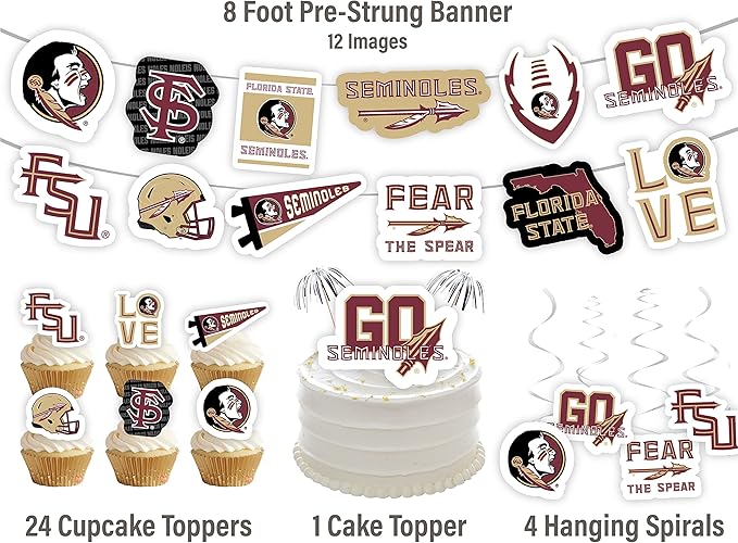 FSU Party Supplies for Football, Birthday Gift, Graduation Party Banner and Cake Toppers (42 Pieces) (Florida State Seminoles)