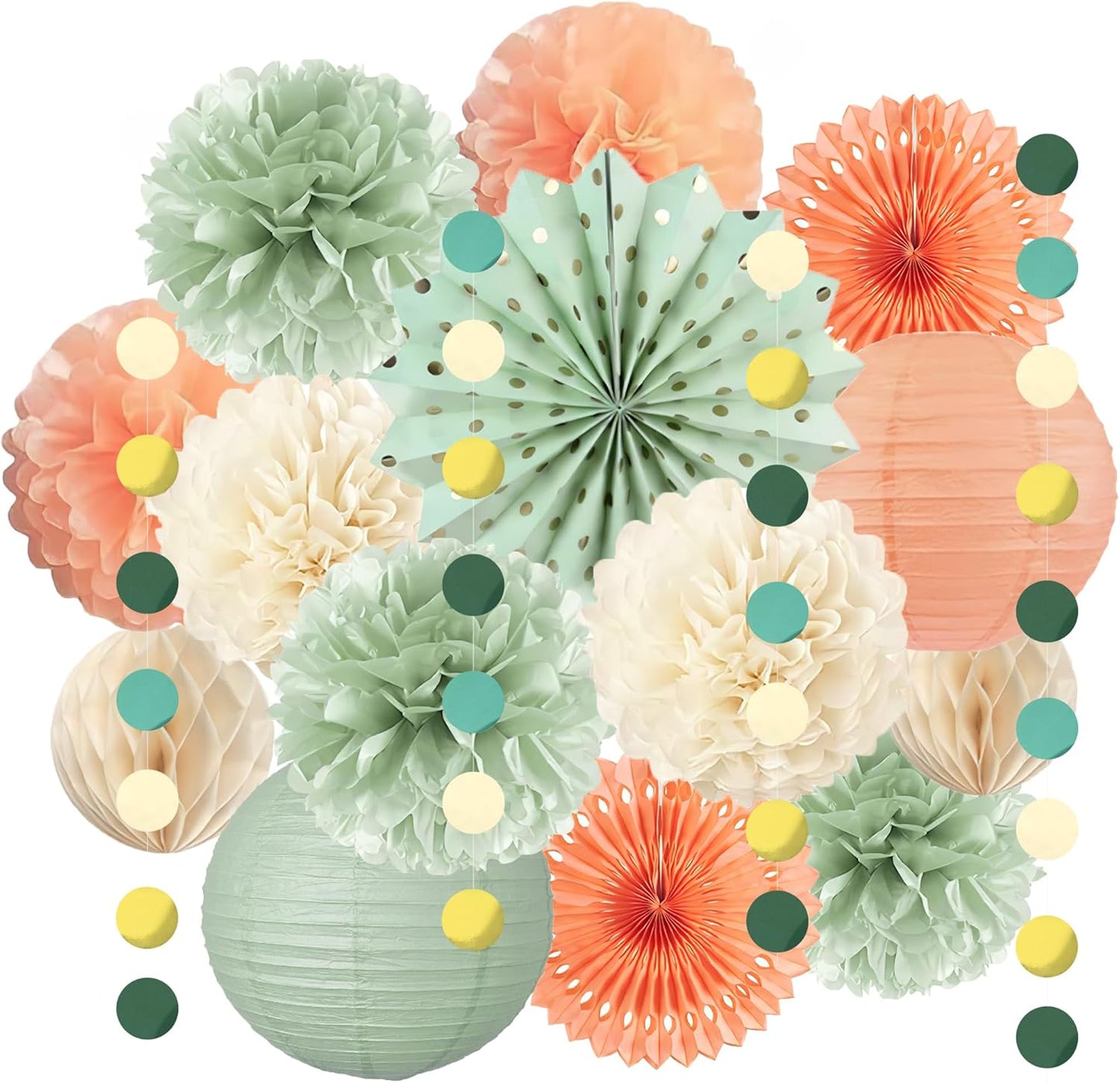 Sage Green and Peach Party Decorations Sage Green and Peach Paper Fans Paper Lanterns Pom Poms Flowers for Baby Shower Birthday Wedding Engagement Party
