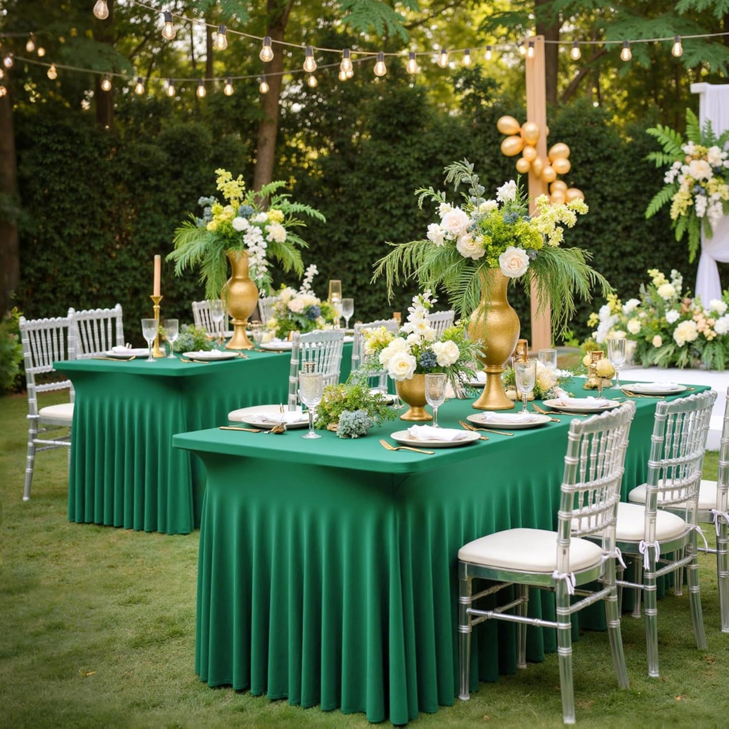 2 Pack Emerald Green Spandex Tablecloth for 6 Foot Rectangle Tables, Wrinkle Free Fitted Table Clothes Cover 6ft Green Stretchy Tablecloths with Skirt for Parties Weddings Birthday Banquet Baby Shower