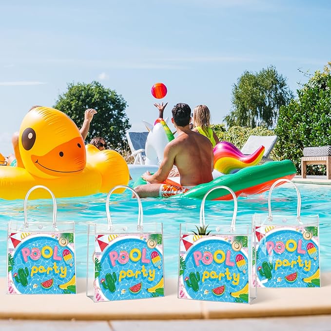 Aliceset 20 Pcs Pool Party Clear Favor Bags with Handles Swimming Themed Waterproof Goodie Bags for Pool Swimming Summer Party Birthday Baby Shower Supplies, 8 x 8 x 3. 15 Inch