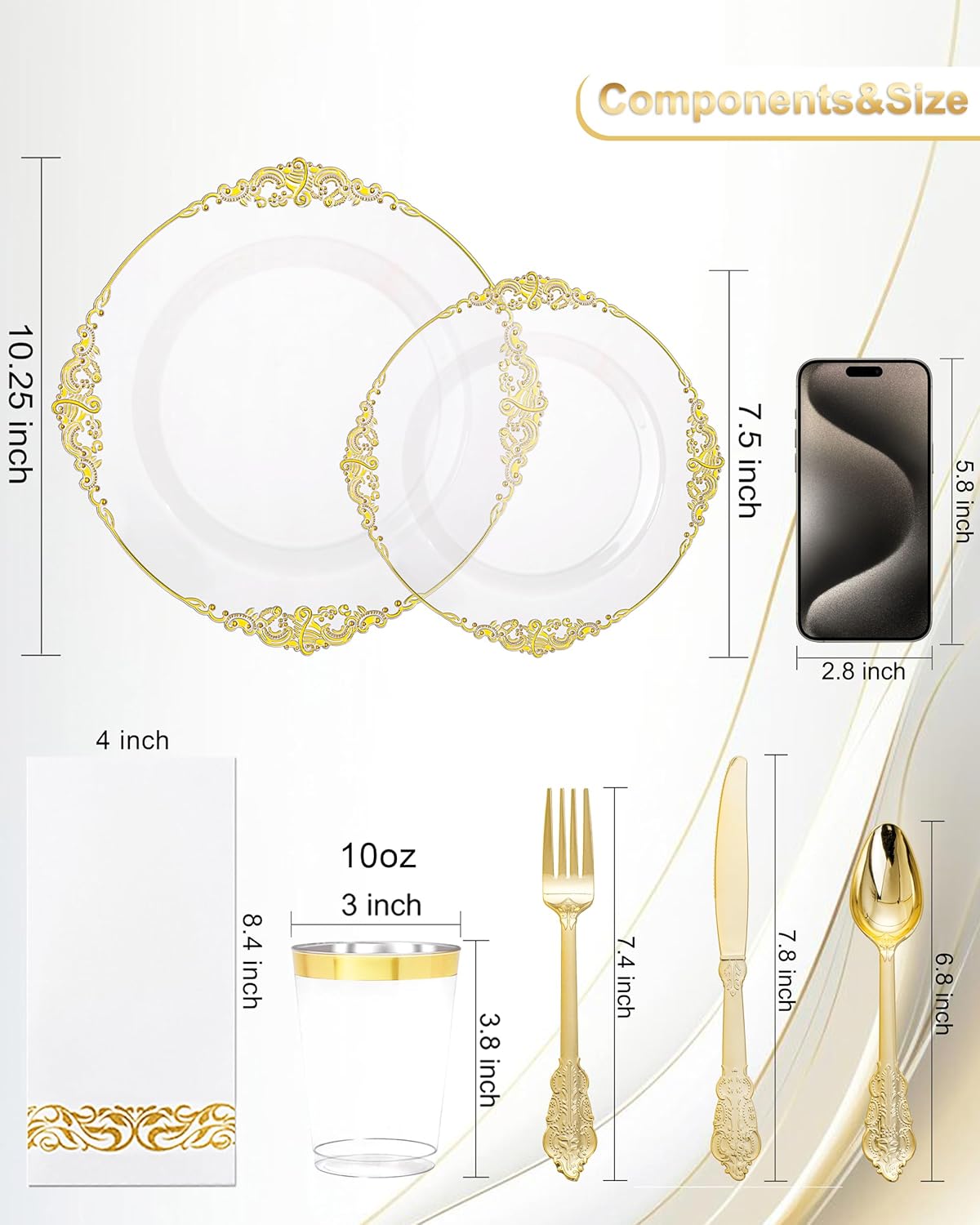 Nervure 175PCS Clear Gold Plastic Plates - Gold Disposable Dinnerware Set for 25 Guests Include 50 Disposable Plates, 75 Plastic Silverware, 25 Cups, 25 Napkins for Wedding & Party & Thanksgiving