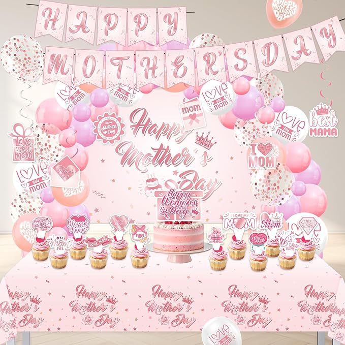 82Pcs Mother's Day Decorations - Rose Gold & Pink Party Supplies Kit, Includes Happy Mothers Day Banner, 59x39" Photo Backdrop, Tablecloth, Balloon Arch Garland & Cake Toppers for Mom Brunch Decor
