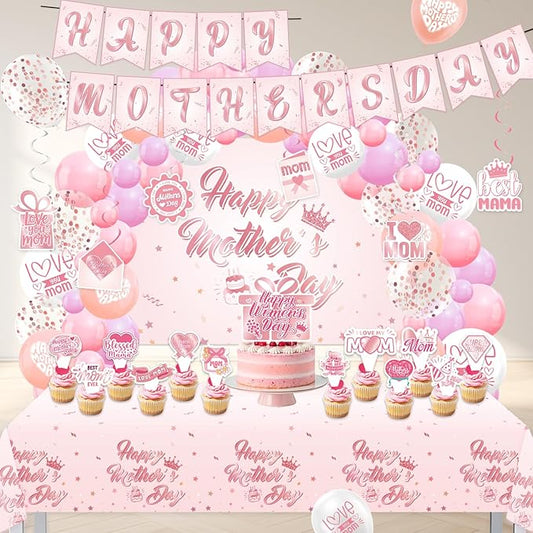 82Pcs Mother's Day Decorations - Rose Gold & Pink Party Supplies Kit, Includes Happy Mothers Day Banner, 59x39" Photo Backdrop, Tablecloth, Balloon Arch Garland & Cake Toppers for Mom Brunch Decor