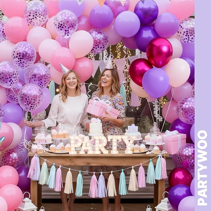 PartyWoo Pink and Purple Balloons 65pcs 12 Inch Baby Pastel Light Metallic Pink Light Purple Lavender Lilac Confetti Balloons for Baby Shower Princess Butterfly Birthday Party Decorations