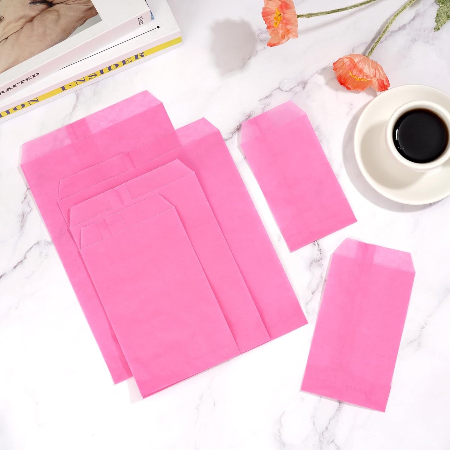 Quotidian Hot Pink Flat Medium Greaseproof Paper Bags 4" x 6" (10 x 15.2cm) Pack of 100 - Treat Wedding Confetti Stamps