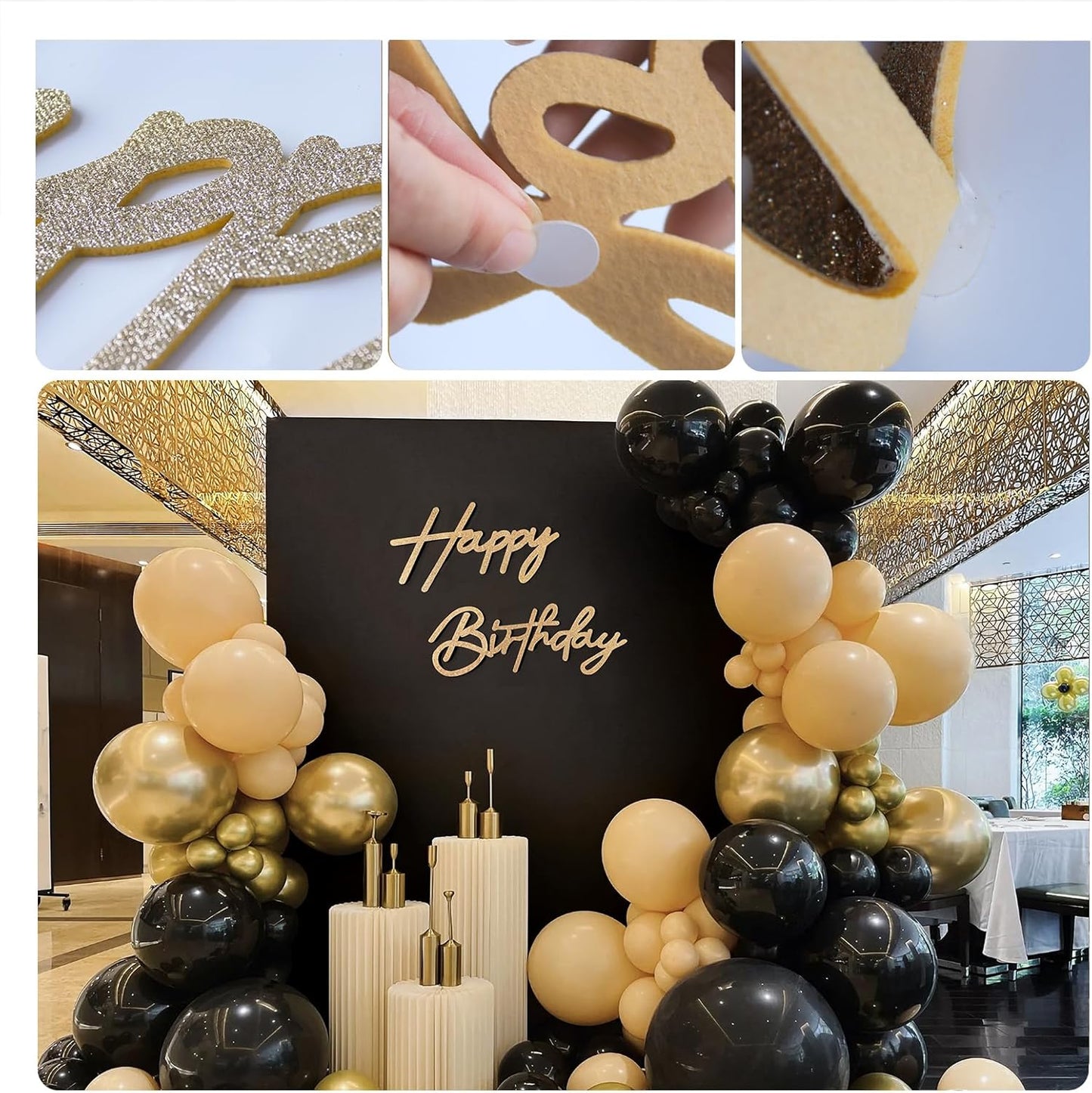 Champagne Happy Birthday Sign for Arch Backdrop - Glitter Happy Birthday Letters Felt Signs for Balloon Arch Party Backdrop Wall Decorations Remove Logo for Birthday Baby Shower