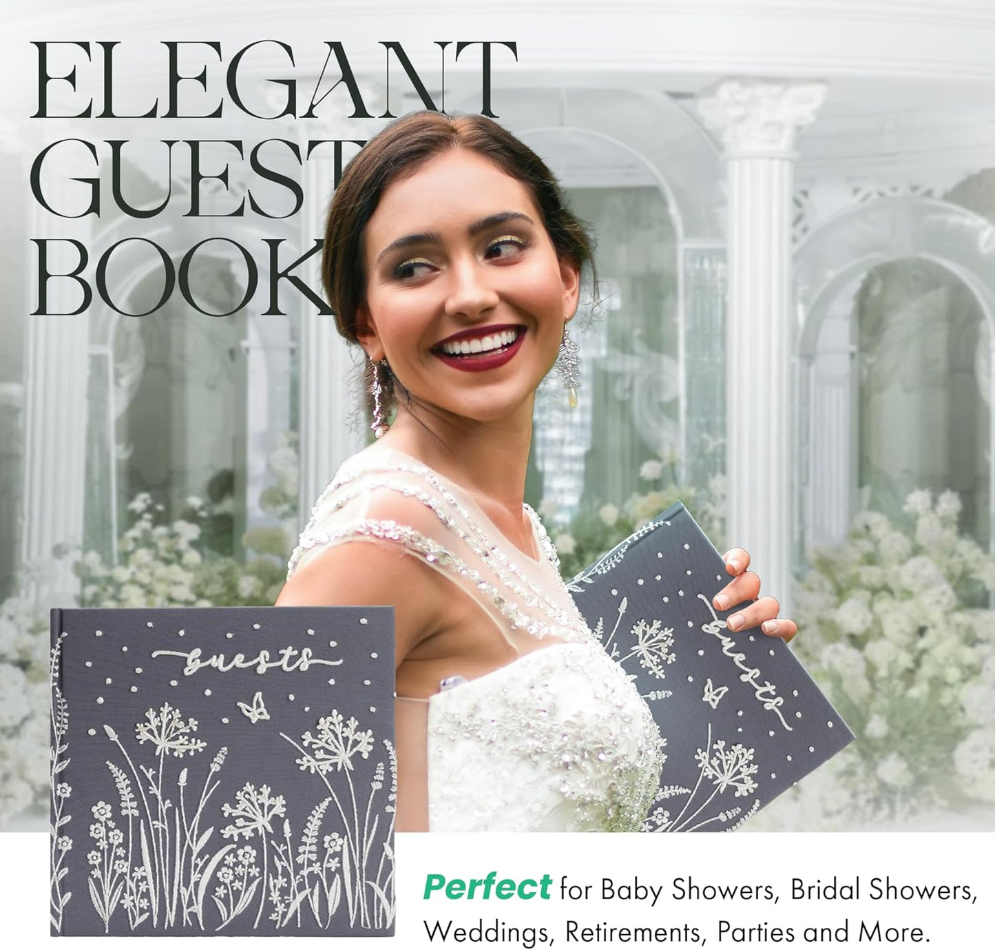 Embroidered Wedding Guest Book—The Perfect Polaroid Guest Book for Wedding Receptions, Birthdays, Baby Showers, and Special Events with 3 DIY pens+1 Diamond Pen(Gray)