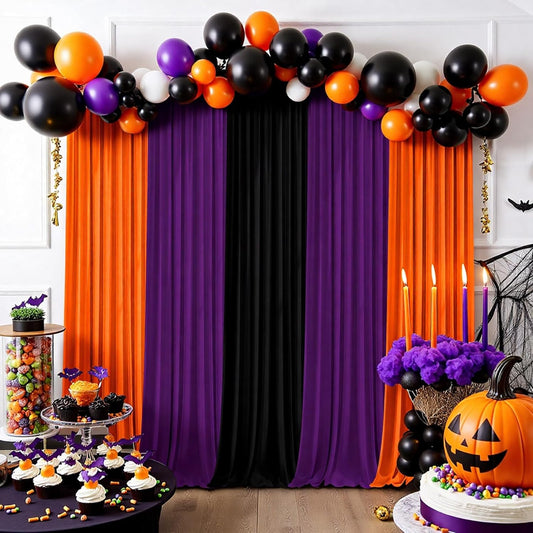 Halloween Backdrop Curtain,10×7ft Black Orange Purple Party Background Decor for Spooky Parties Photo Booths Home Haunted House Reusable Holiday Wall Decoration for Adults Teens