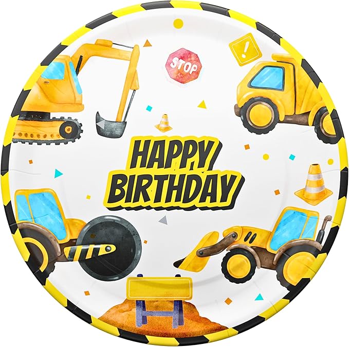 Blue Orchards Construction Plates and Napkins (52 Pieces for 16 Guests) - Construction Birthday Party, Construction Decorations, Excavator Party, Plates and Napkins, Construction Theme Party