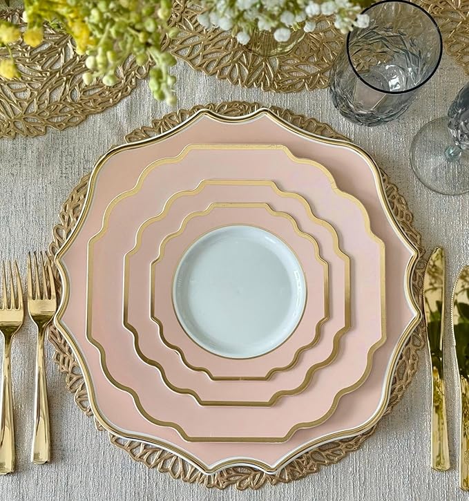 " OCCASIONS " 20 Pieces 13.25'' Scalloped Disposable/Reusable Plastic Charger Plates for Wedding, (Scalloped Imperial Blush & Gold)