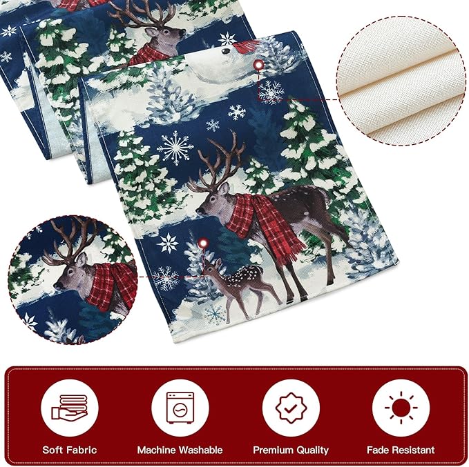 Artscope Reindeer Snowman Christmas Tree Table Runner, Xmas Winter Snowflakes Holiday Kitchen Dining Table Decoration for Christmas Home Party Decor 13x108 Inch-Blue