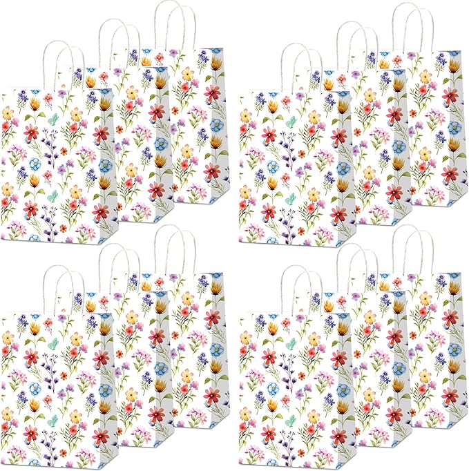 CHUNNIN Wildflower Gift Bags Spring Floral Welcome Flower Party Favors Wildflower Paper Candy Goodie Treat Bags with Handles for Garden Decorations Birthday Tea Bridal Shower Wedding Supplies