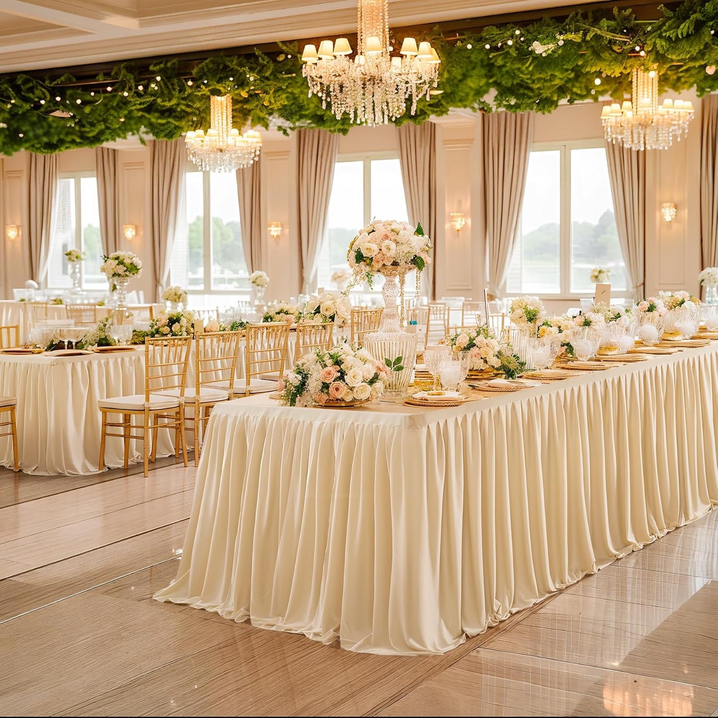 Deep Champagne Polyester Table Clothes for 8 Foot Rectangle Tables, Wrinkle Free Fitted Table Cover with Pleated Ruffle Table Skirt for Birthday Party Wedding Trade Show Event Display