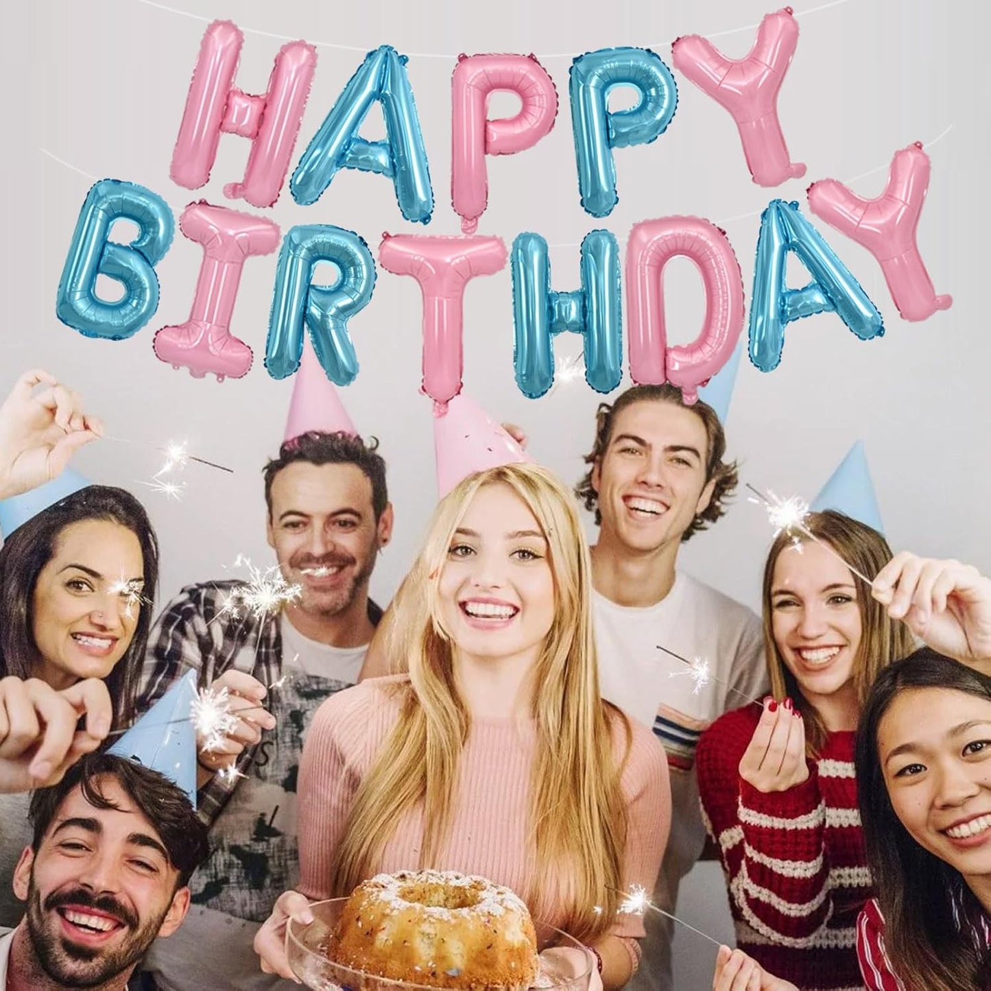 TONIFUL Happy Birthday Balloons Banner 16 Inch Mylar Foil Letters Birthday Sign Reusable for Girls Boys Kids & Adults Birthday Party Decorations Supplies（Light Pink Blue）