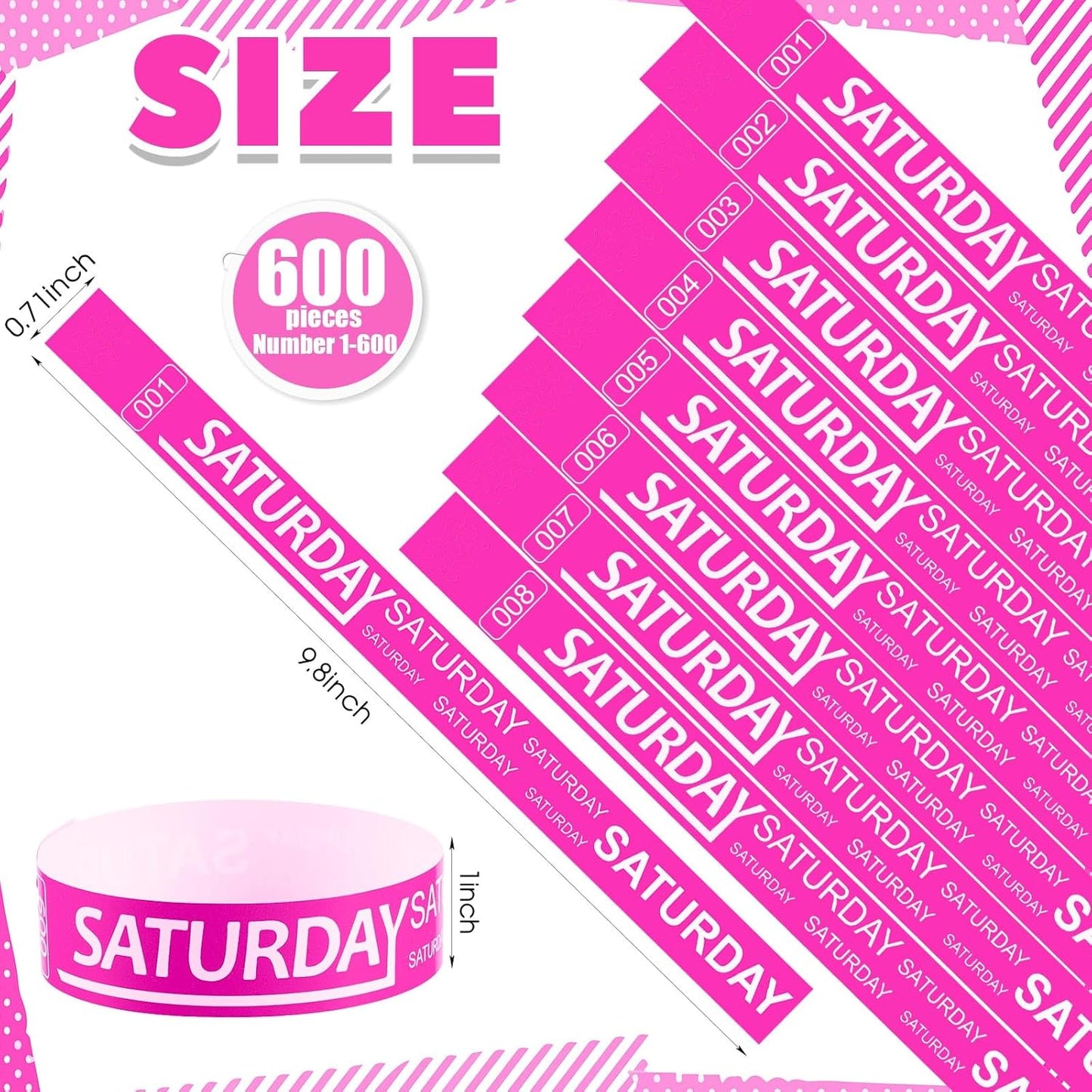 Henoyso 600 Pcs Saturday Paper Wristbands Event Admission Paper Bracelets Numbered Waterproof Party Armbands for Events Day of The Week(Rose Red)