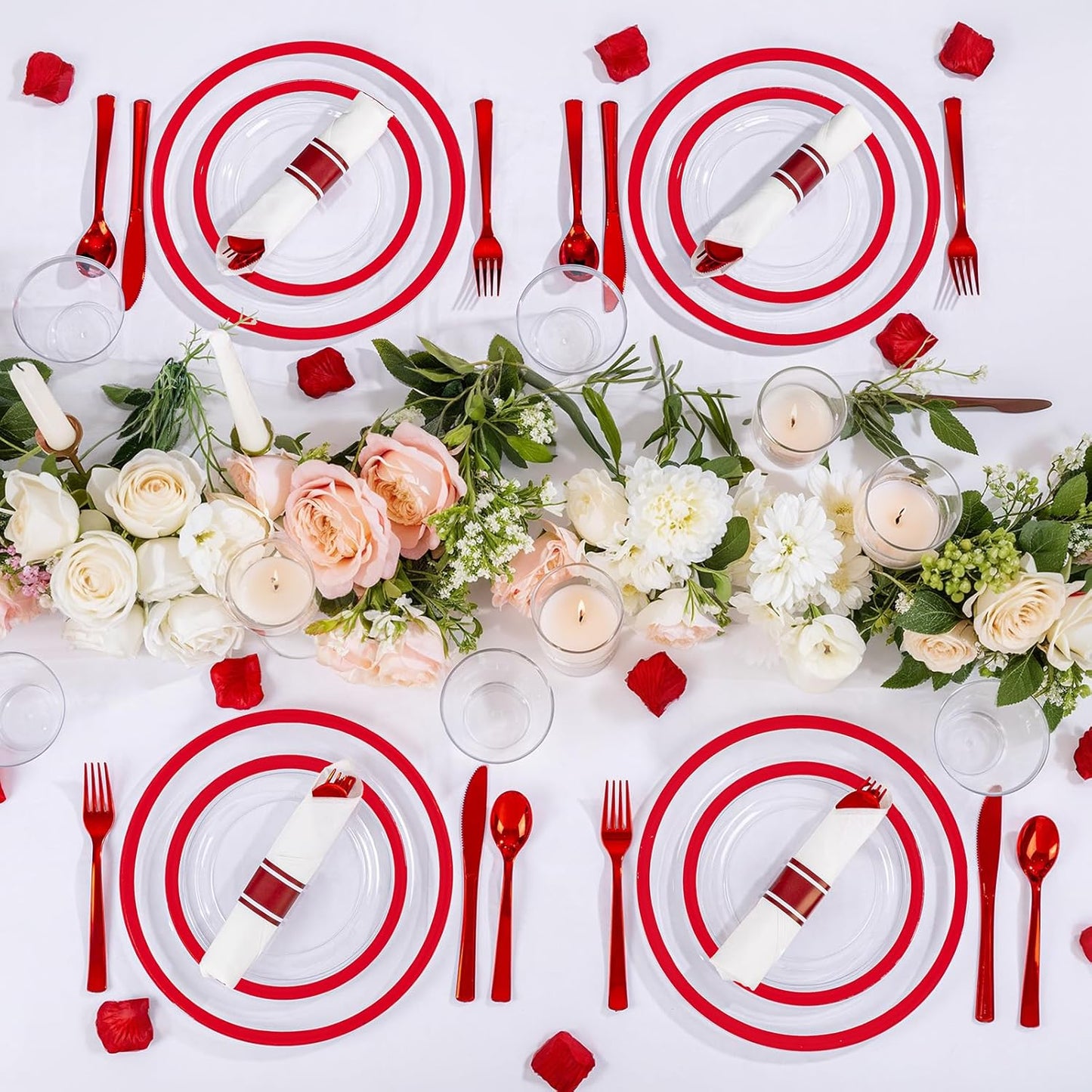 I00000 210 Pcs Red Dinnerware Set,Clear and Red Plastic Plates Include 30 Dinner Plates, 30 Dessert Plates,30 Cups,30 Rolled Napkins with Plastic Cutlery for Romantic Dinner, Christmas Party Supplies