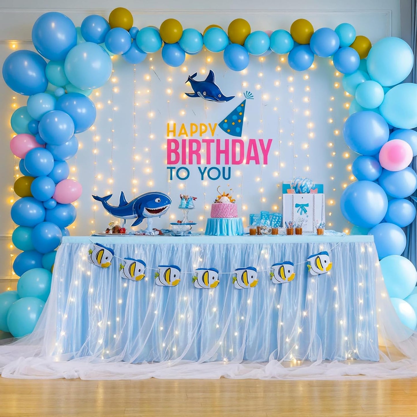 9FT Baby Blue Tulle Table Skirt for Rectangle or Round Tables Baby Blue Tutu Table Skirt with LED Lights for Princess Birthday Party Baby Shower Gender Reveal Wedding Banquet Cake Dessert Decorations