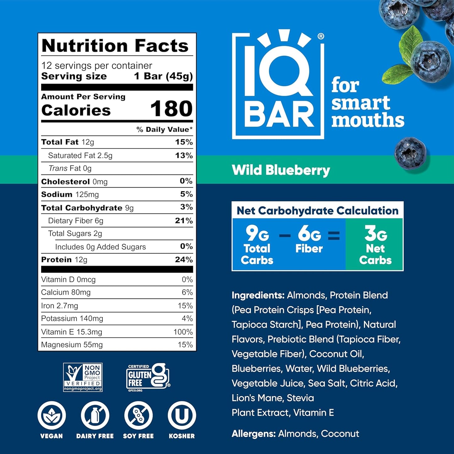IQBAR Brain and Body Plant Protein Bars - Wild Blueberry - 12-Count - Keto, Vegan, Low Carb, High Fiber, Gluten Free, Dairy Free, Low Sugar Snack with Nutrients for Focus, Energy, Meal Replacement
