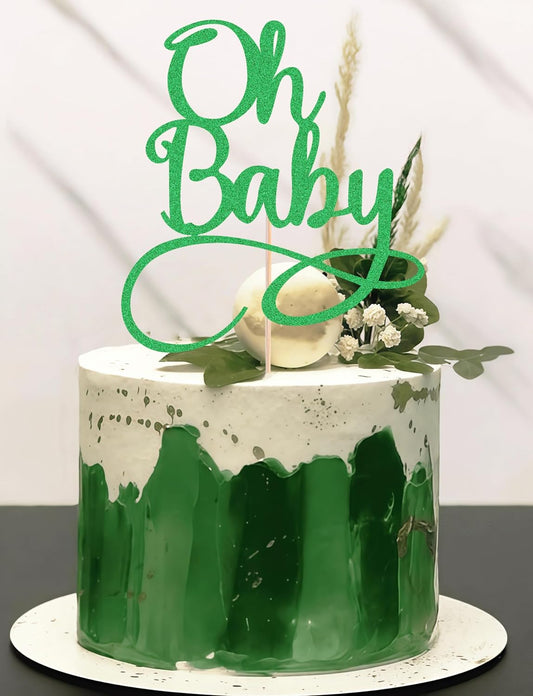 Oh Baby Cake Topper - Green Glitter Baby Birthday Party Cake Decoration Supplies, for Baby Shower/Gender Reveal Party Photo Booth Props