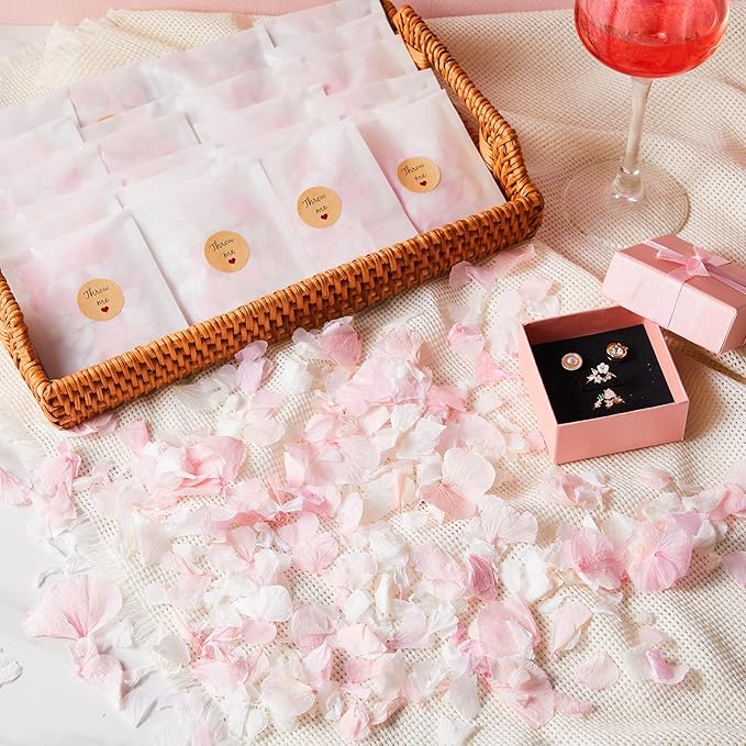Wavwavw Biodegradable Confetti, Dried Hydrangea Flower Petals with Throw Me Stickers Wedding Confetti Biodegradable Flower Petals for Wedding Ideas Valentines Day Decor(Pink White,55 Pcs)