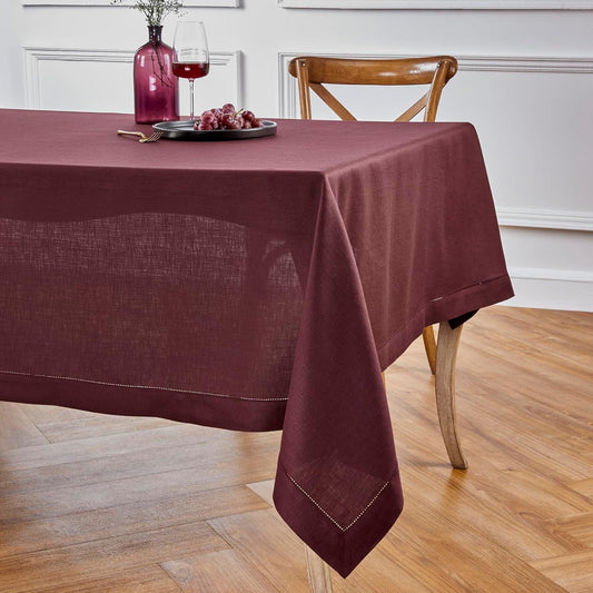 Solino Home Linen Burgundy Tablecloth 60 x 132 Inch - Classic Hemstitch, 100% Pure Linen Rectangular Tablecloth - Machine Washable Table Cloth for Christmas, Fall, Autumn, Thanksgiving